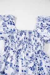 Sky Blue Floral Print Square Neck Bubble Sleeve High Waist Maxi Dress