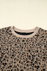 Khaki Leopard Textured Ribbed Trim Crew Neck Plus Size Top