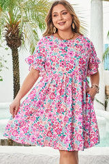 White Plus Size Floral Print Frilled Flare Mini Dress