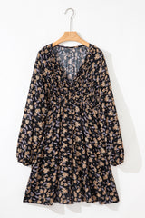 Floral Smocked V Neck Bubble Sleeve Babydoll Mini Dress