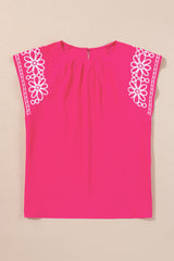 Strawberry Pink Floral Embroidered Flutter Sleeve Plus Size Blouse