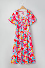 Rose Abstract Print Puff Sleeve Square-Neck Plus Size Maxi Dress