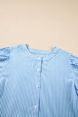 Sky Blue Stripe Bubble Short Sleeve Tiered Scallop Maxi Dress