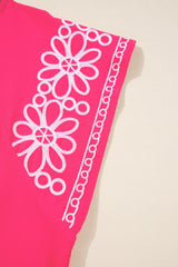 Strawberry Pink Floral Embroidered Flutter Sleeve Plus Size Blouse