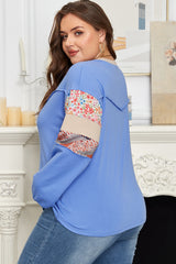Floral Patchwork Exposed Seam Long Sleeve Plus Size Top