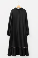 Collared V Neck Smocked Detail Contrast Leopard Trim Midi Dress