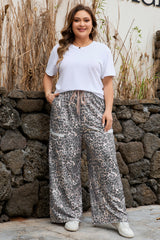 Khaki Leopard Print Raw Edge Patch Pocket Drawstring Plus Size Loose Pants
