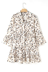 Leopard Print Buttoned Front 3/4 Sleeve Tiered Ruffled Hem Dress