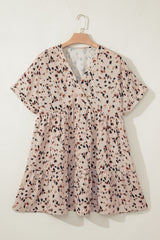 Beige Printed High Waist V-Neck Plus Size Mini Dress