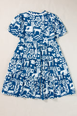 Blue Ricrac Trim Split Neck Floral Loose Mini Dress