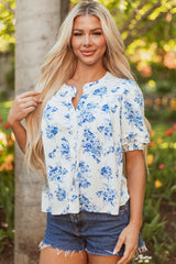 Blue Floral Tiered Puff Sleeve Pleated Bust Buttoned Blouse
