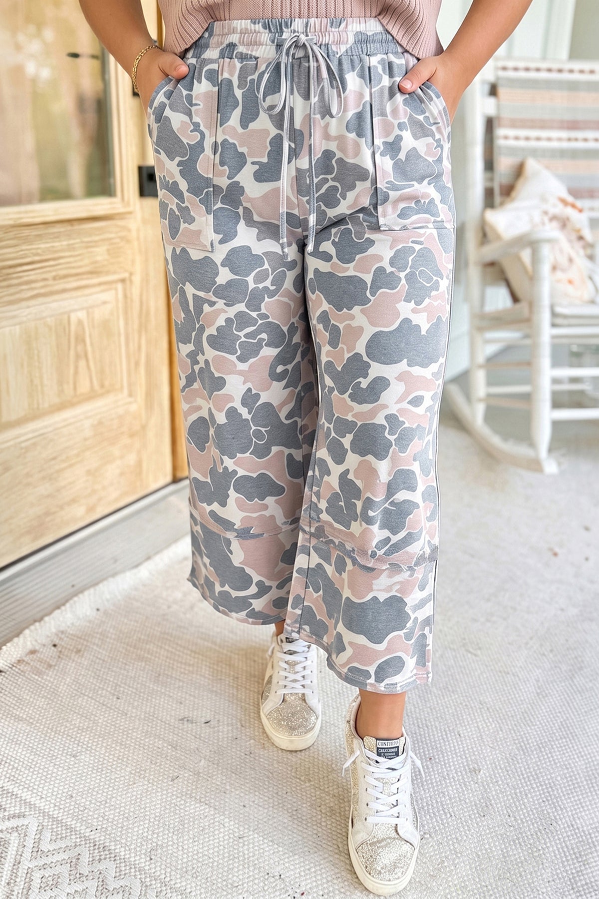 Khaki Camouflage Patch Pockets Ankle-Length Plus Size Pants