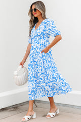 Sky Blue Floral V Neck Puff Short Sleeve Flowy Maxi Dress
