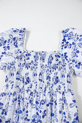 Sky Blue Floral Print Square Neck Bubble Sleeve High Waist Maxi Dress