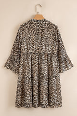 Khaki Leopard 3/4 Sleeve V Neck Swing Mini Dress