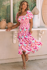 Pink Brush Stroke Printed Smocked Ruffle Tiered Midi Dress