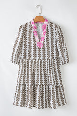 Dark Brown Contrast Floral V Neck Printed Bracelet Sleeve Mini Dress