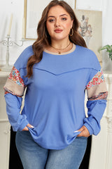 Floral Patchwork Exposed Seam Long Sleeve Plus Size Top
