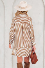 Brown Stripe Ruffled Hem Collared Long Sleeve Mini Dress