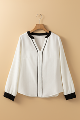 White Textured Colorblock V Neck Blouse
