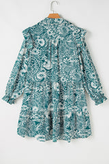 Green Floral Flounce Sleeve Split Neck Mini Plus Size Dress