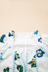 White Floral Puff Sleeve V Neck Plus Size Mini Dress