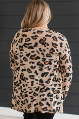 Khaki Leopard Print Long Sleeve V Neck Plus Size Cardigan