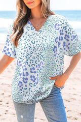Light Blue Leopard Print V Neck short sleeve Blouse