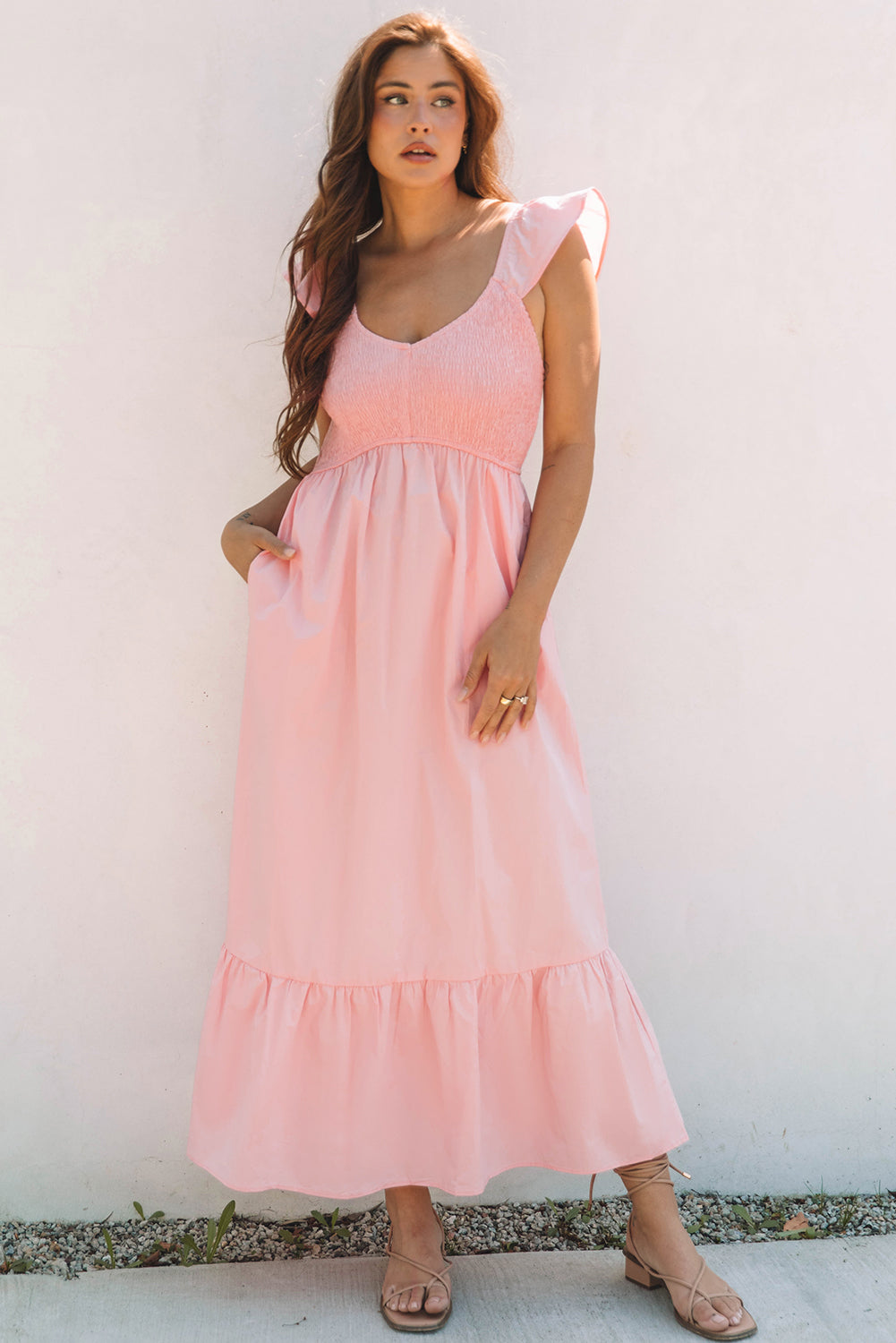 Scoop Neck Flutter Sleeve High Waist Ruffle Maxi Dress