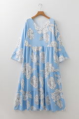 Sky Blue Floral V-Neck Tiered Plus Size Maxi Dress