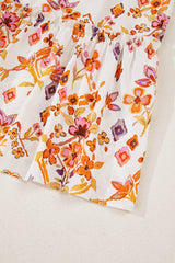 Apricot Floral Geometric Print Ruffled Trim Flutter Sleeve Mini Dress
