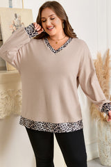 Leopard Patchwork V-Neck Long Sleeve Plus Size Top