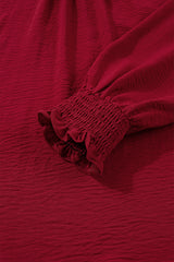Burgundy Notched Neck Shirred Cuff  Blouse