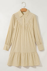 Brown Stripe Collared Neck Cuffed Long Sleeve Drop Waist Mini Dress