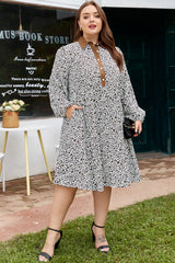 Khaki Leopard Print Puff Sleeve Plus Size Mini Dress