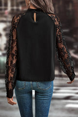 Black Keyhole Neck Floral Lace Raglan Blouse