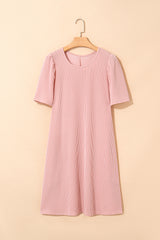 Corded Knit Crew Neck Puff Sleeve Shift Mini Dress