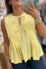 Yellow Cream Bow Tie Notched Neck Pleated Blouse