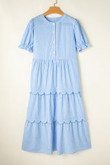 Sky Blue Stripe Bubble Short Sleeve Tiered Scallop Maxi Dress