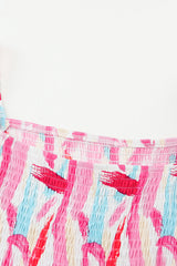 Pink Brush Stroke Printed Smocked Ruffle Tiered Midi Dress