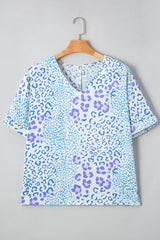 Light Blue Leopard Print V-Neck Plus Size Blouse