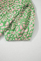 Green Floral Puff Sleeve Tassel Tie Plus Size Blouse