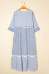 Sky Blue Striped Lace-Detail Plus Size Maxi Dress