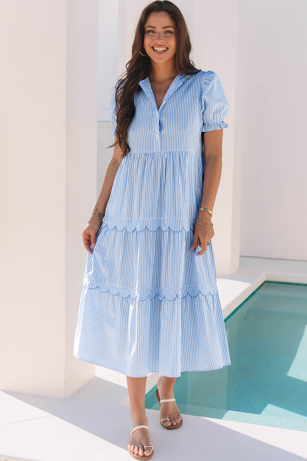 Sky Blue Stripe Bubble Short Sleeve Tiered Scallop Maxi Dress