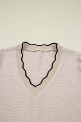 Jet Stream V-Neck Scallop Trim Long Sleeve Blouse