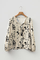 Khaki Floral Split Neck Long Sleeve Blouse