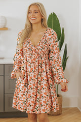 Floral Smocked V Neck Bubble Sleeve Babydoll Mini Dress