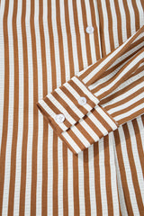 Brown Stripe Ruffled Hem Collared Long Sleeve Mini Dress