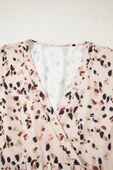 Beige Printed High Waist V-Neck Plus Size Mini Dress