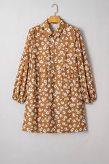 Khaki Daisy Print Puff Sleeve Mini Plus Size Dress